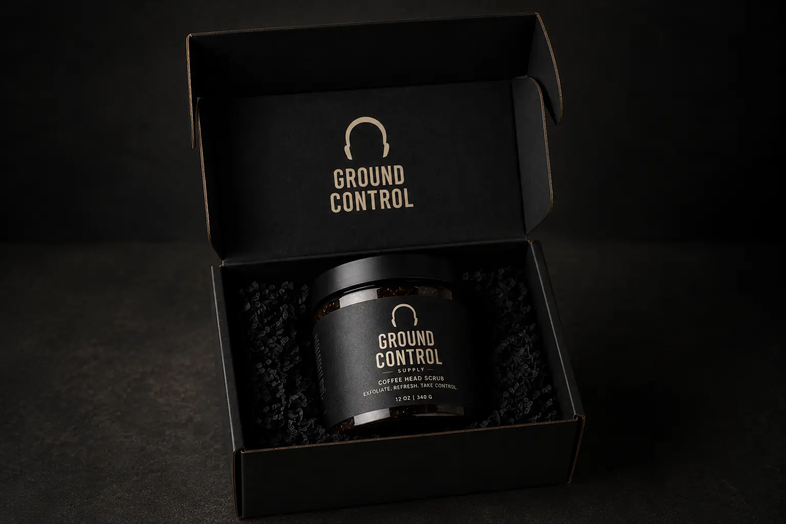 Ground Control Supply Coffee Head Scrub jar in its gift box